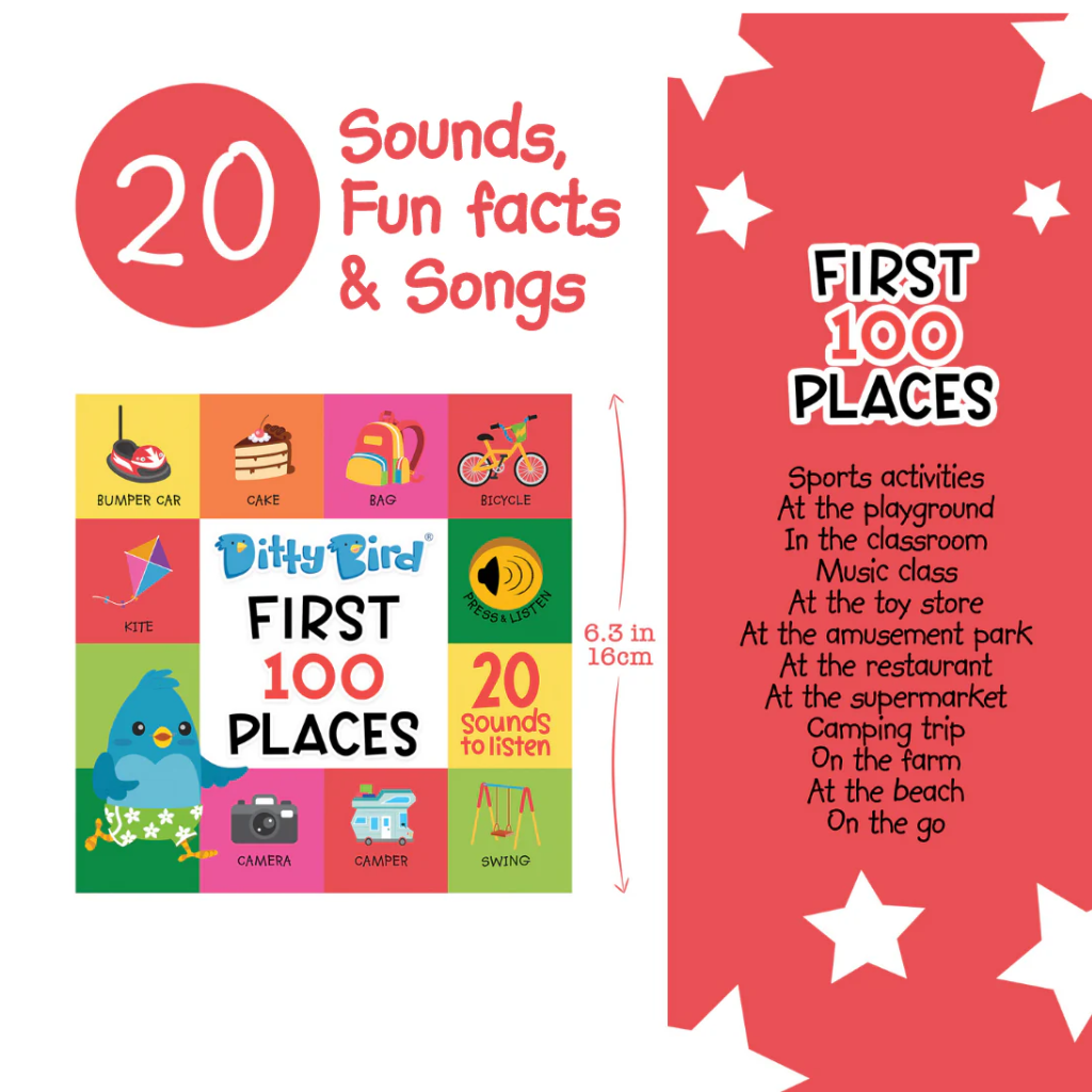 DITTY BIRD - 100 PLACES -INTERACTIVE SOUND BOOK - BOARD BOOK -Vocabulary - Award Winning Series - Fine Motor Skills