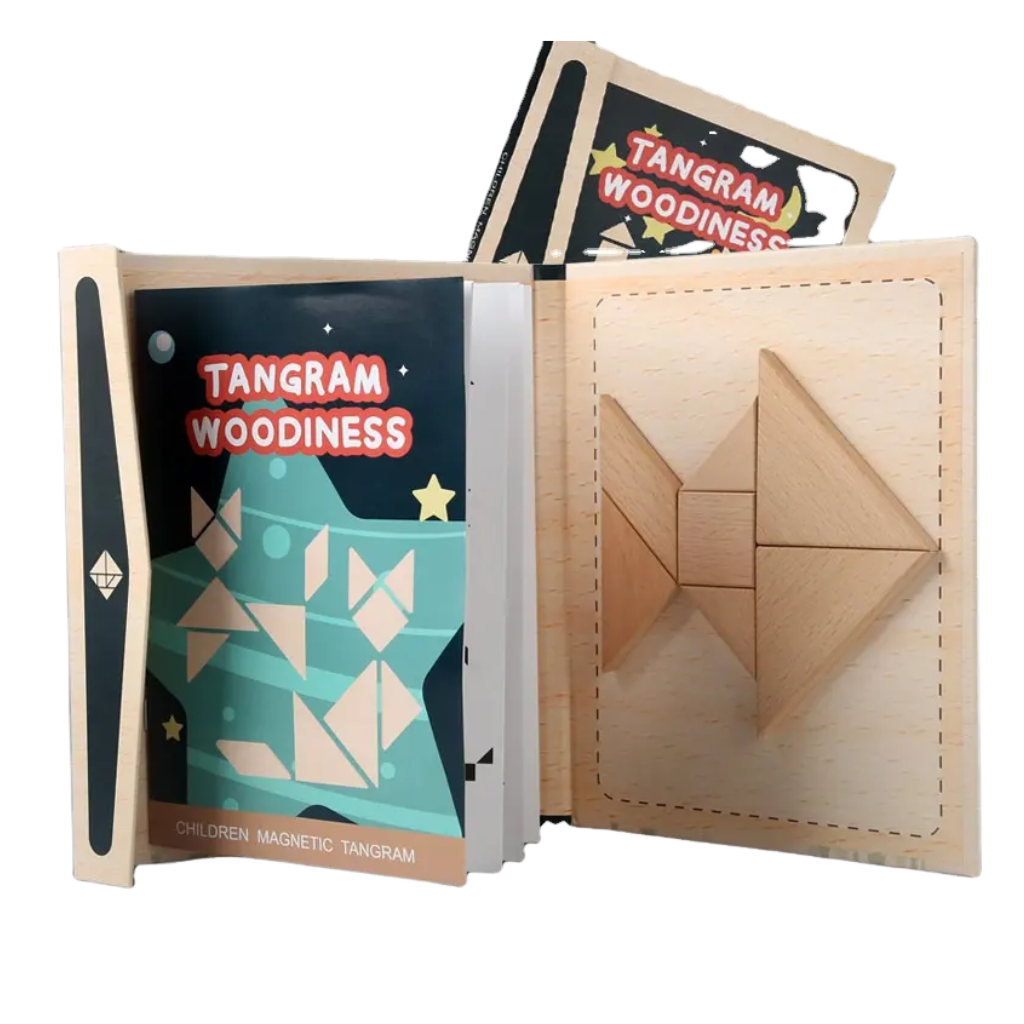 Tangram Woodiness Magnetic Wooden Puzzle Set, 96 Educational Puzzles in 3 Themes