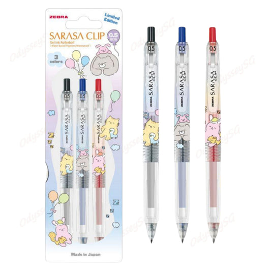 Zebra Sarasa Clip Limited Edition - Sleeping Animals 3 Pc Pen Set - 0.5mm- Black | Blue | Red Pen