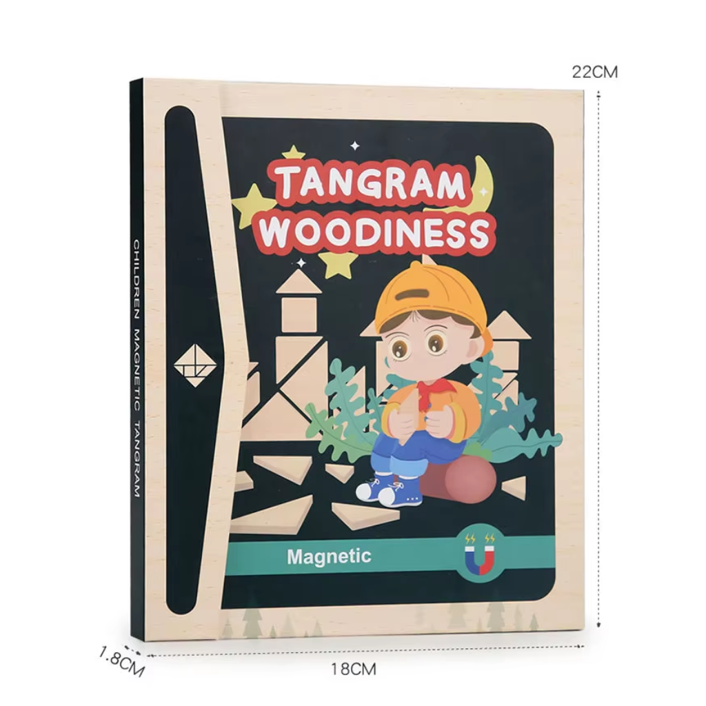 Tangram Woodiness Magnetic Wooden Puzzle Set, 96 Educational Puzzles in 3 Themes