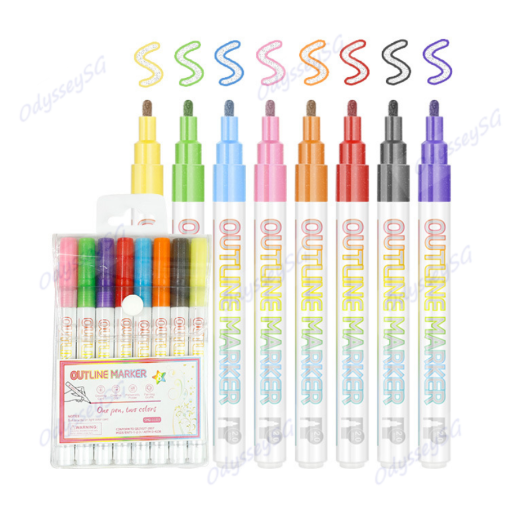 8pc Double line Outline Markers set - Silver Metallic Outline Pens - Drawing Calligraphy Doodling