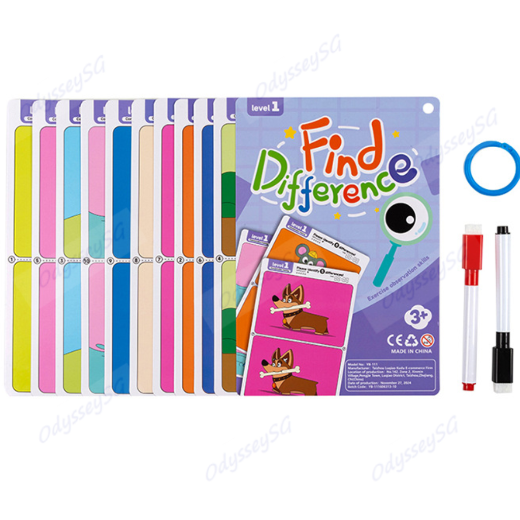 Find the Difference - Write and Wipe Children activity cards - 3 levels - 30 cards w Markers