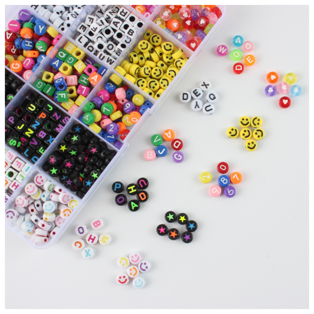 Alphabet Smiley  Beads (700+ Pcs approx) - Mixed Designs in a box - Free crystal String