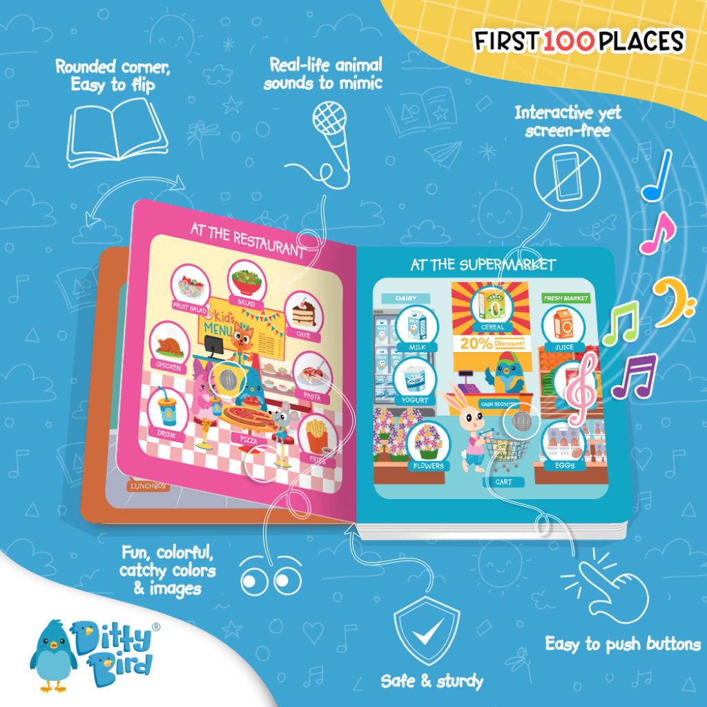 DITTY BIRD - 100 PLACES -INTERACTIVE SOUND BOOK - BOARD BOOK -Vocabulary - Award Winning Series - Fine Motor Skills