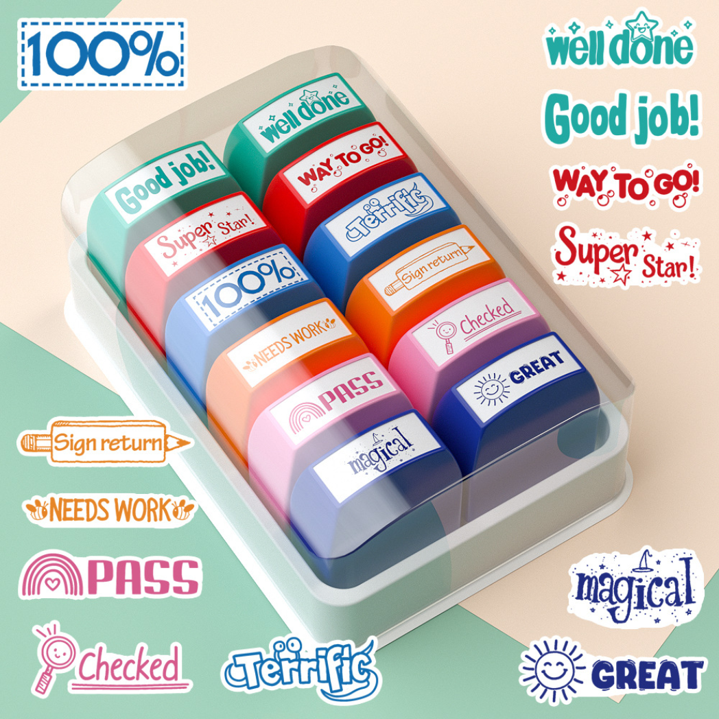 12PCS Teacher Reward Self-Inking Stamp Set | Motivational Grading Classroom Feedback  Students Stamp