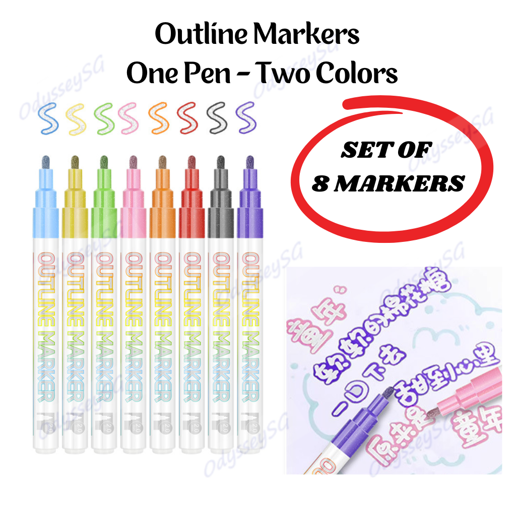 8pc Double line Outline Markers set - Silver Metallic Outline Pens - Drawing Calligraphy Doodling
