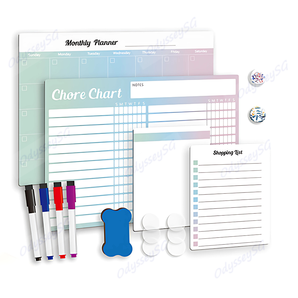 Magnetic Organiser Set, 40cm x 30cm, Monthly Planner Memo Board and Chore Chart with 4 Markers