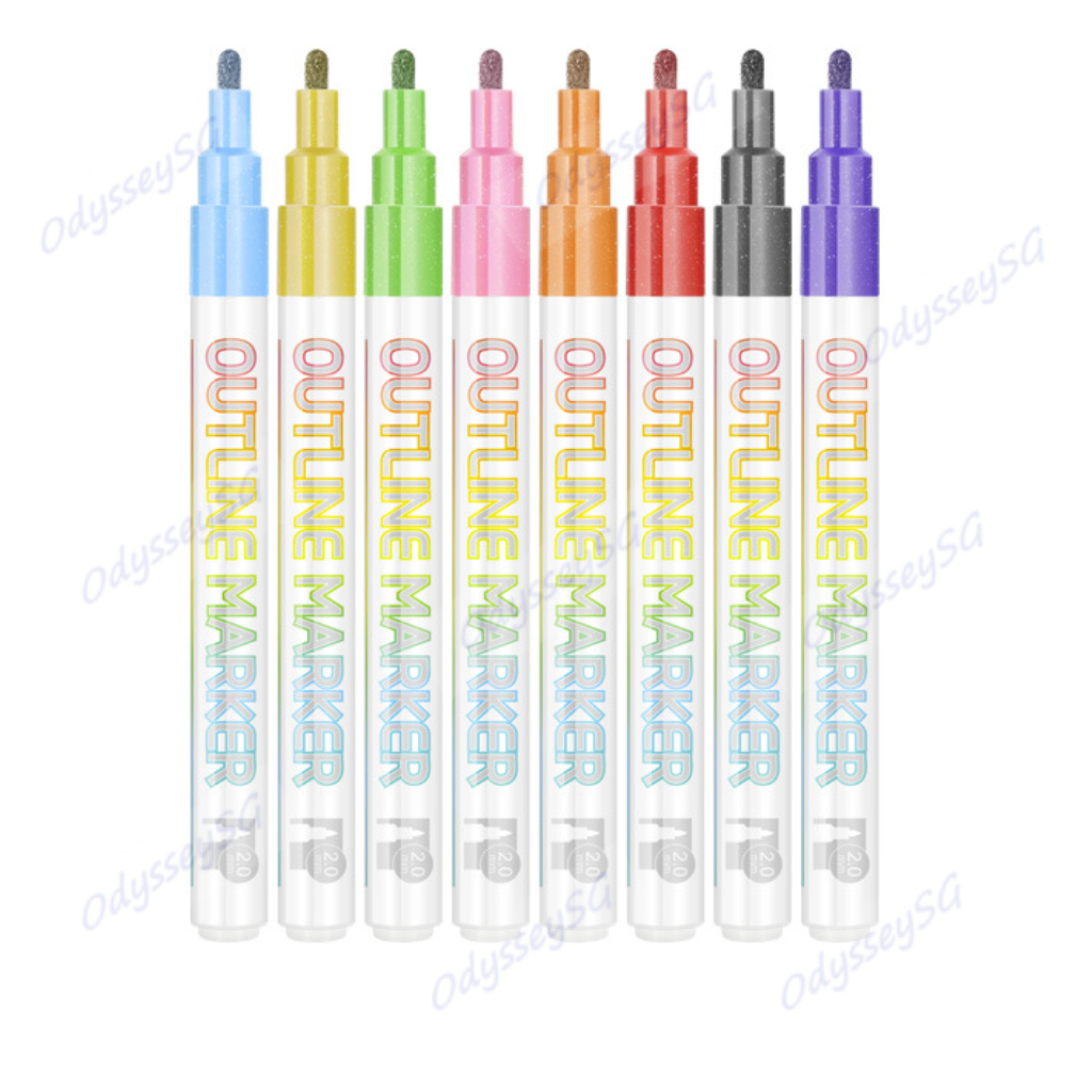 8pc Double line Outline Markers set - Silver Metallic Outline Pens - Drawing Calligraphy Doodling