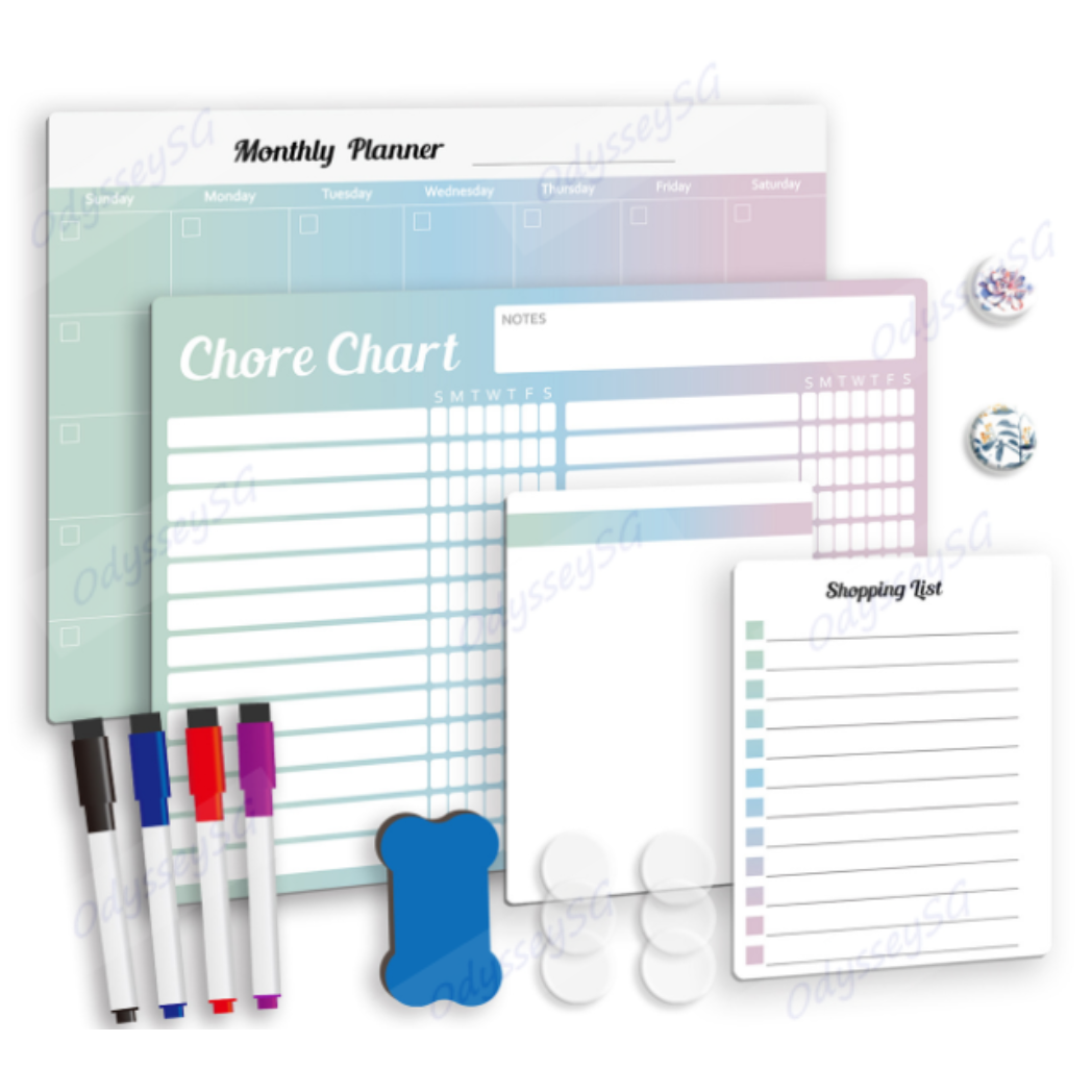 Magnetic Organiser Set, 40cm x 30cm, Monthly Planner Memo Board and Chore Chart with 4 Markers