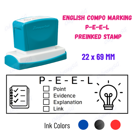 English Composition PEEL Marking Pre-Inked Stamp 22x69mm | Artline Xstamper Quix Teacher Feedback Stamp | 3 Ink Colours Available