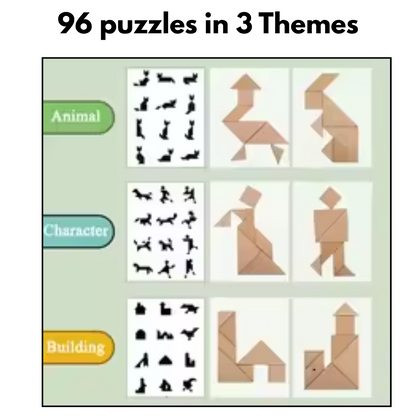 Tangram Woodiness Magnetic Wooden Puzzle Set, 96 Educational Puzzles in 3 Themes