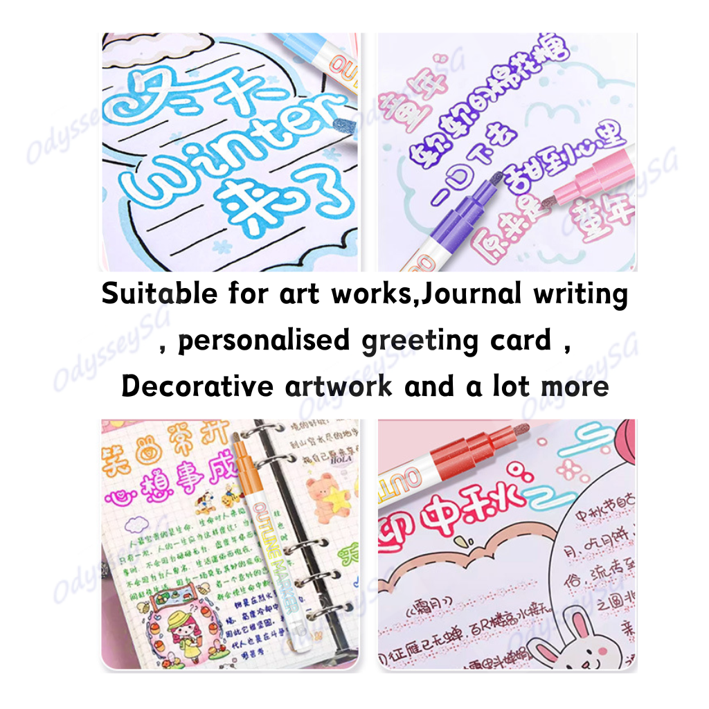 8pc Double line Outline Markers set - Silver Metallic Outline Pens - Drawing Calligraphy Doodling