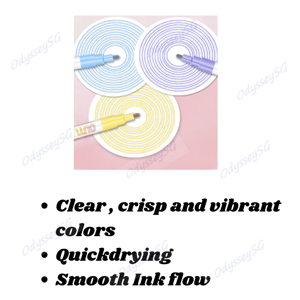 8pc Double line Outline Markers set - Silver Metallic Outline Pens - Drawing Calligraphy Doodling