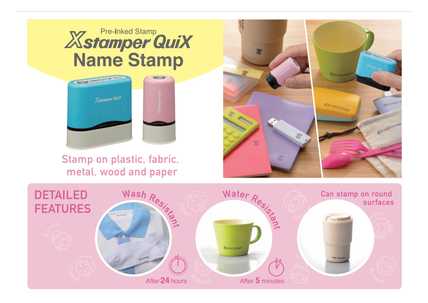 Round Name Stamp - Suitable for Fabric, Wood, Metal, Plastic and Paper