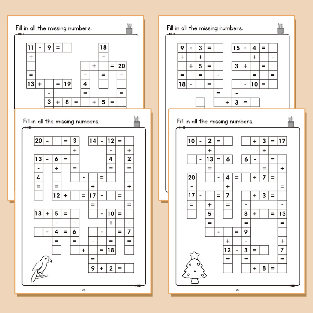 Maths Crossword Puzzles Worksheet Book | Addition Subtraction Multiplication Division | 20 Puzzles