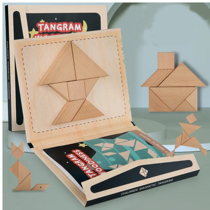 Tangram Woodiness Magnetic Wooden Puzzle Set, 96 Educational Puzzles in 3 Themes