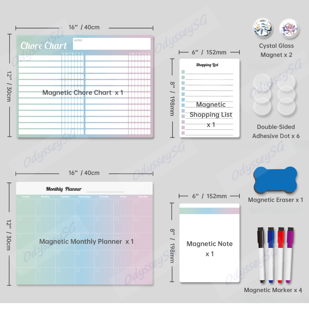 Magnetic Organiser Set, 40cm x 30cm, Monthly Planner Memo Board and Chore Chart with 4 Markers