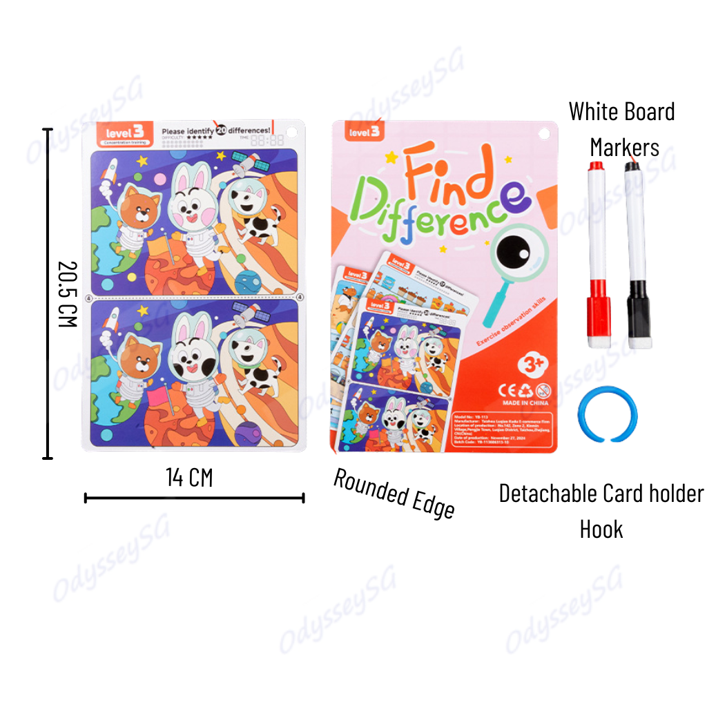 Find the Difference - Write and Wipe Children activity cards - 3 levels - 30 cards w Markers