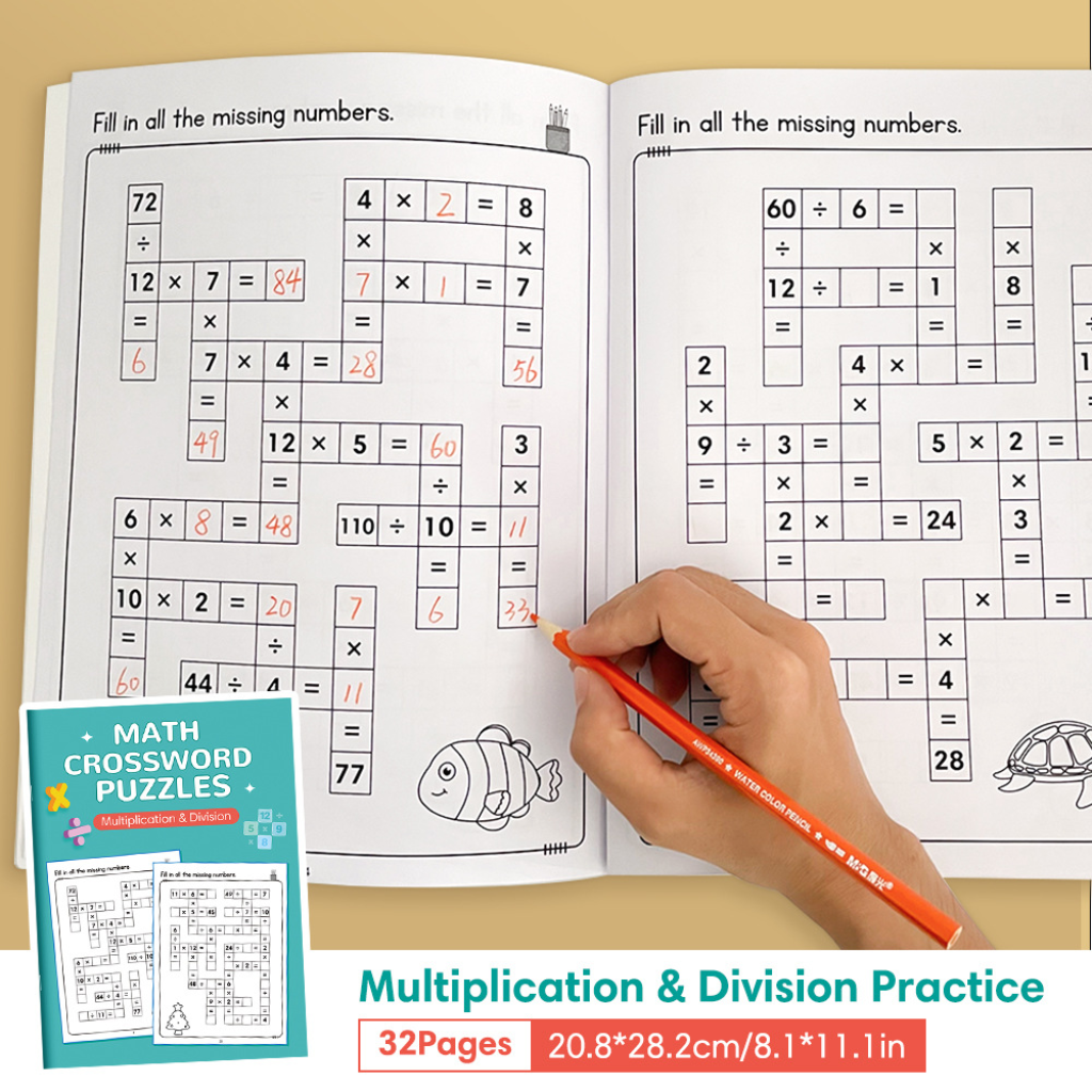 Maths Crossword Puzzles Worksheet Book | Addition Subtraction Multiplication Division | 20 Puzzles