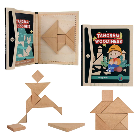 Tangram Woodiness Magnetic Wooden Puzzle Set, 96 Educational Puzzles in 3 Themes