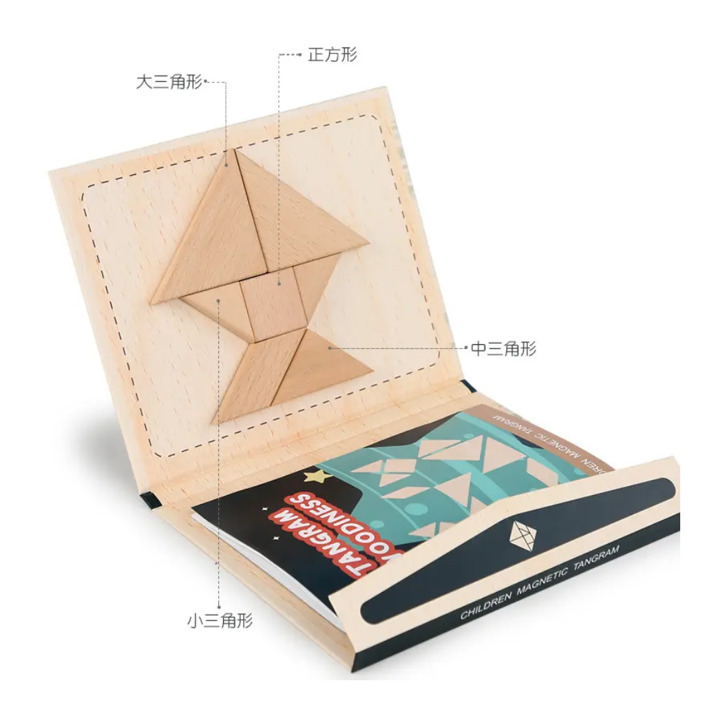Tangram Woodiness Magnetic Wooden Puzzle Set, 96 Educational Puzzles in 3 Themes