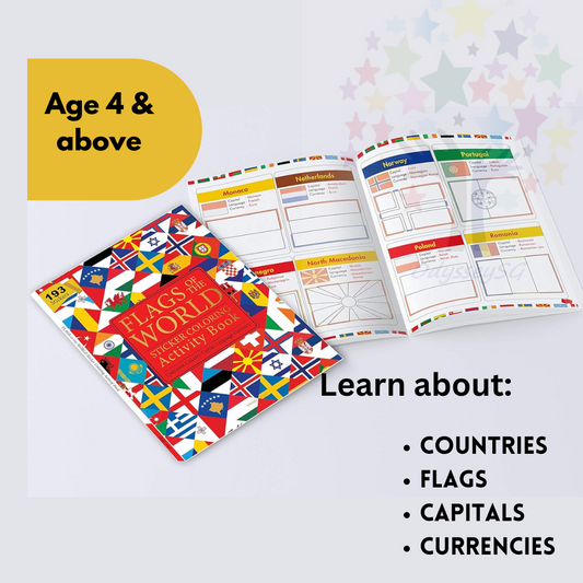 Flags of the World - Sticker Coloring Children Activity Book  : Continent, Country, Capital, Language and Currency
