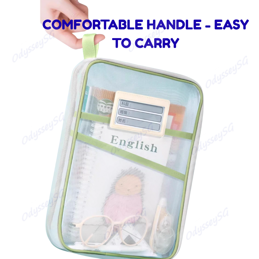 Student Transparent Mesh File Bag – L-Shaped Large Opening Folder, Subject Sorting & Stationery Organizer