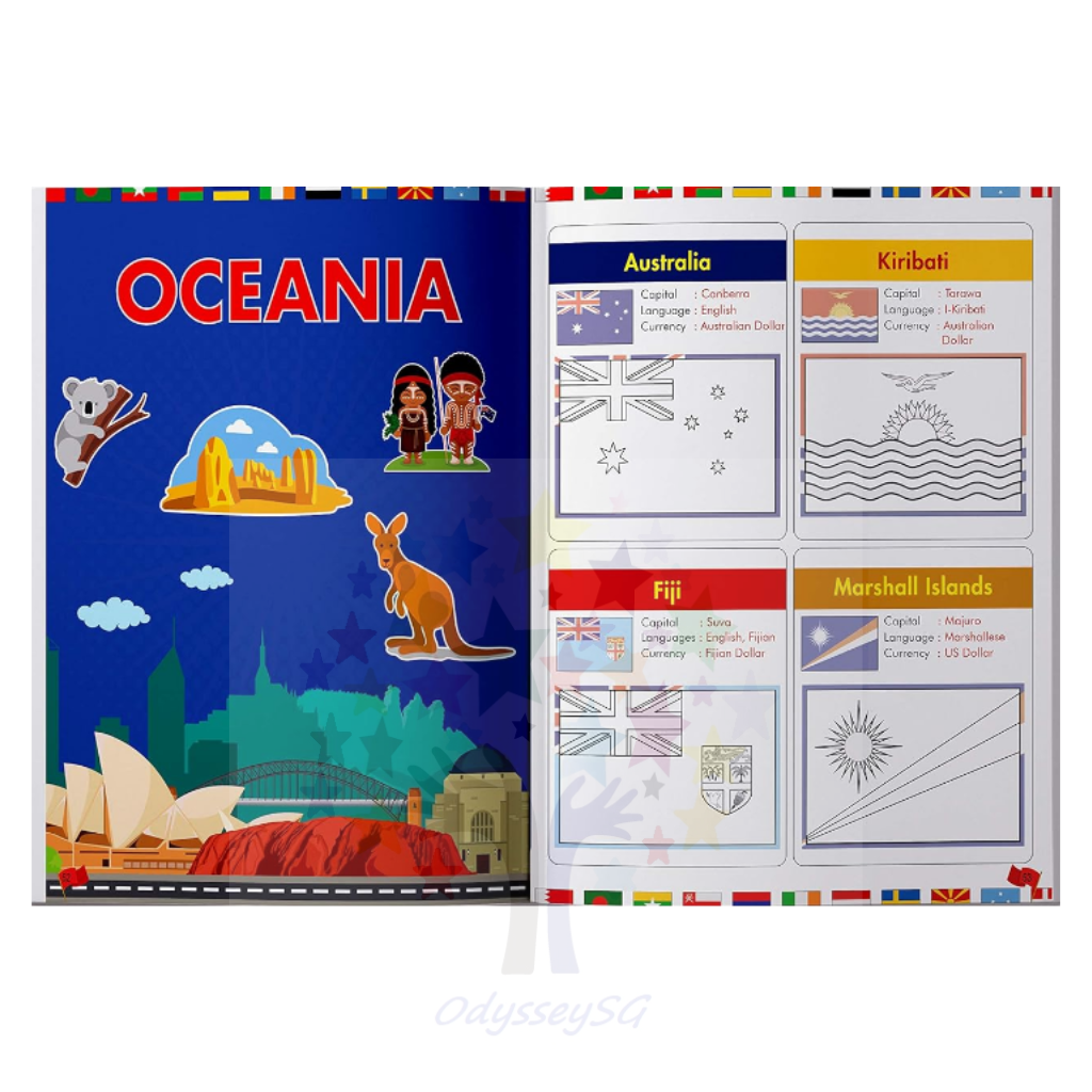 Flags of the World - Sticker Coloring Children Activity Book  : Continent, Country, Capital, Language and Currency