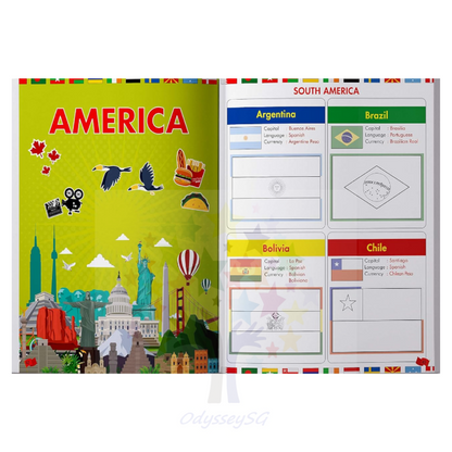 Flags of the World - Sticker Coloring Children Activity Book  : Continent, Country, Capital, Language and Currency