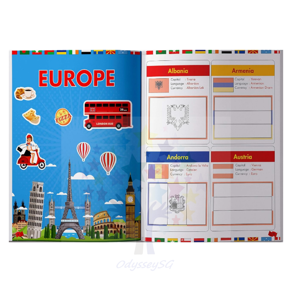 Flags of the World - Sticker Coloring Children Activity Book  : Continent, Country, Capital, Language and Currency