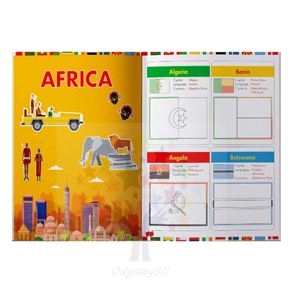 Flags of the World - Sticker Coloring Children Activity Book  : Continent, Country, Capital, Language and Currency