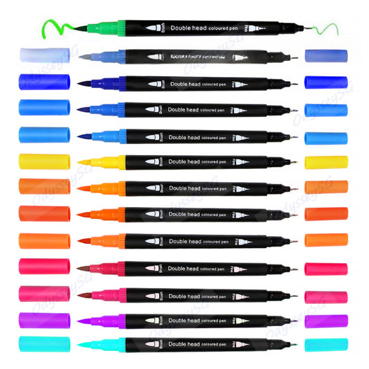 Dual Tip Brush Pen - Non -Toxic / Odourless - 12 Color Pen marker Set 0.4mm Fine Tip / 1-2mm Brush