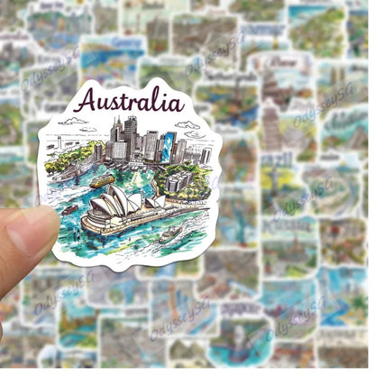 50pcs Hand Drawn Travel Map Stickers Waterproof World Scrapbook Journal Laptop Phone Case Stickers