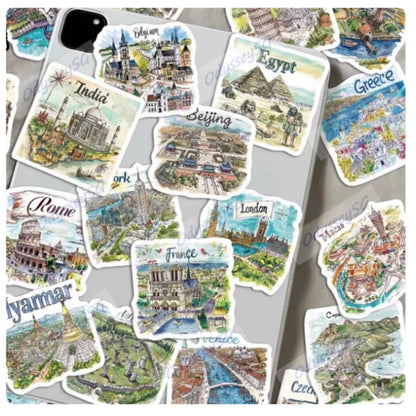 50pcs Hand Drawn Travel Map Stickers Waterproof World Scrapbook Journal Laptop Phone Case Stickers