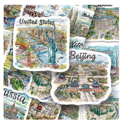 50pcs Hand Drawn Travel Map Stickers Waterproof World Scrapbook Journal Laptop Phone Case Stickers