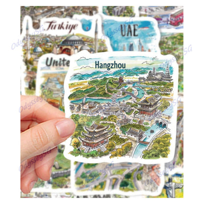 50pcs Hand Drawn Travel Map Stickers Waterproof World Scrapbook Journal Laptop Phone Case Stickers