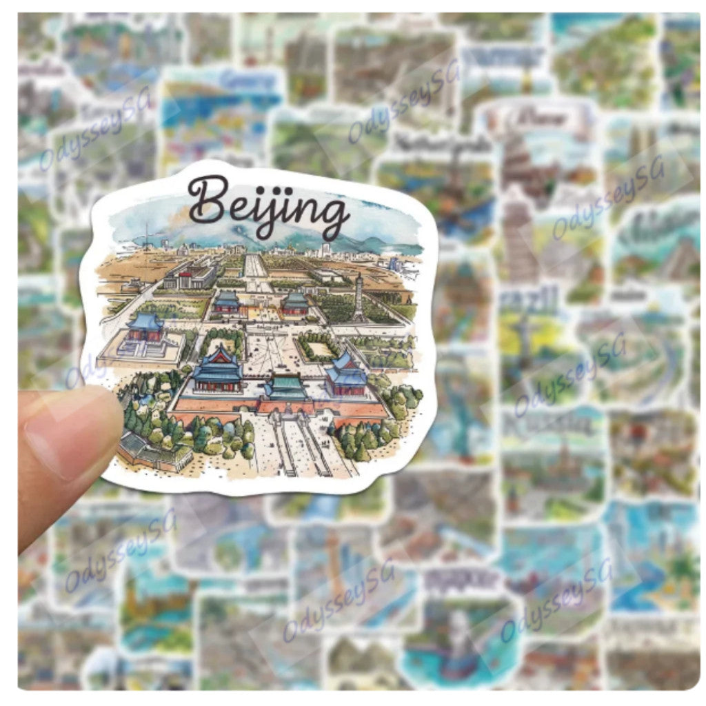 50pcs Hand Drawn Travel Map Stickers Waterproof World Scrapbook Journal Laptop Phone Case Stickers