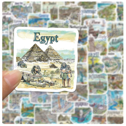 50pcs Hand Drawn Travel Map Stickers Waterproof World Scrapbook Journal Laptop Phone Case Stickers
