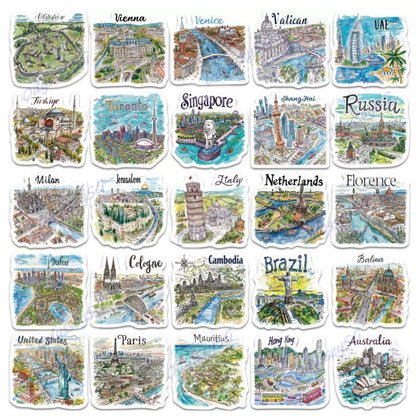 50pcs Hand Drawn Travel Map Stickers Waterproof World Scrapbook Journal Laptop Phone Case Stickers