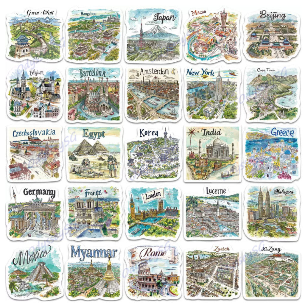 50pcs Hand Drawn Travel Map Stickers Waterproof World Scrapbook Journal Laptop Phone Case Stickers