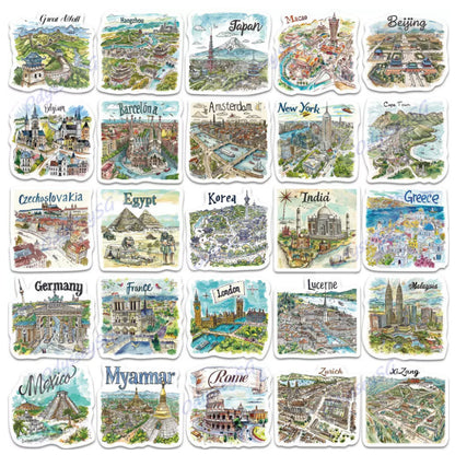 50pcs Hand Drawn Travel Map Stickers Waterproof World Scrapbook Journal Laptop Phone Case Stickers