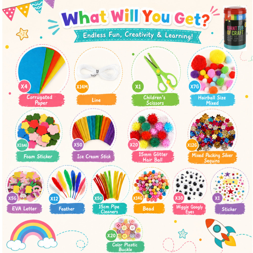 Giant Tub Of Craft - 1200 Pcs Craft Materials - Preschool Kindergarten Craft - Pimpom Foam Sheets