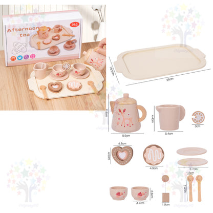 Wooden Kitchen Pretend Play Toy Set - Montessori Play Tea Set Microwave Coffee Breakfast Set
