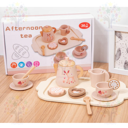 Wooden Kitchen Pretend Play Toy Set - Montessori Play Tea Set Microwave Coffee Breakfast Set