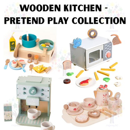 Wooden Kitchen Pretend Play Toy Set - Montessori Play Tea Set Microwave Coffee Breakfast Set