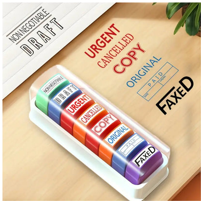 Self Inking Office Stamp Set 8PC Set with Storage Tray – Business Rubber Stamps - Preinked