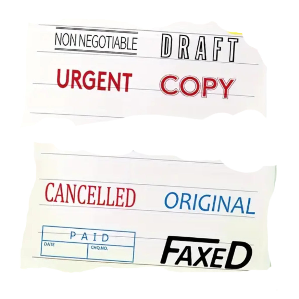 Self Inking Office Stamp Set 8PC Set with Storage Tray – Business Rubber Stamps - Preinked