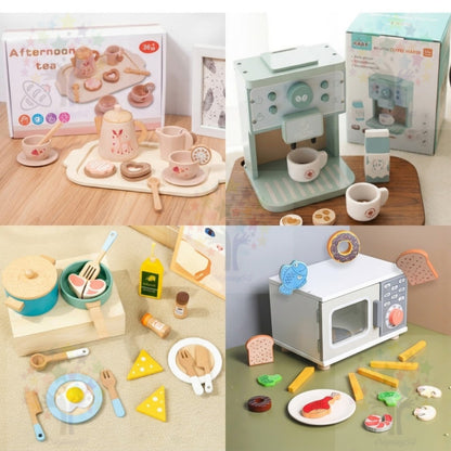 Wooden Kitchen Pretend Play Toy Set - Montessori Play Tea Set Microwave Coffee Breakfast Set