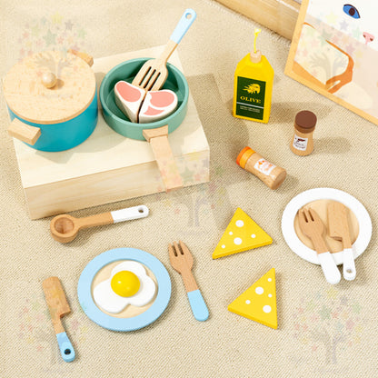 Wooden Kitchen Pretend Play Toy Set - Montessori Play Tea Set Microwave Coffee Breakfast Set