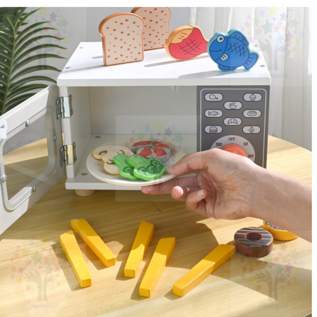 Wooden Kitchen Pretend Play Toy Set - Montessori Play Tea Set Microwave Coffee Breakfast Set